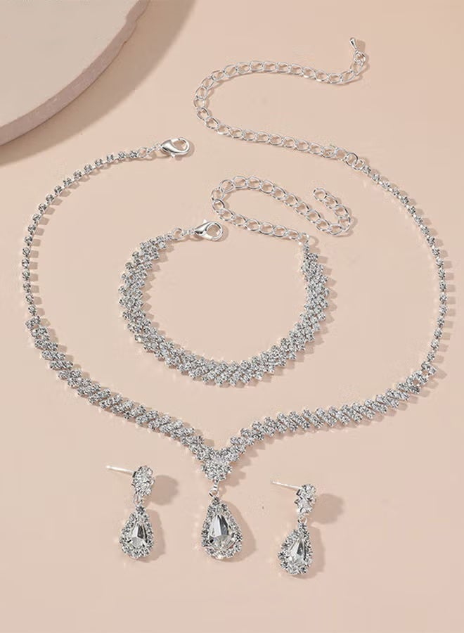 GIFT Women's 4 PCS Rhinestone Necklace Earrings Bracelet Set Drop-Shaped Pendant V-Neck Chain Ear Dangle Bridal Evening Dress Accessories for Women Simple Versatile Silver - Image 3